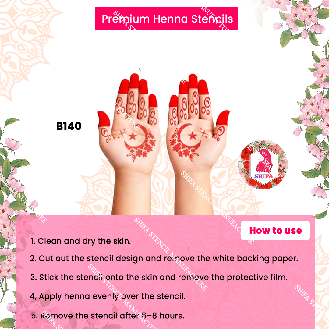 B140 (age 5 to 10) Floral Crescent Radiance double hand Henna Stencil